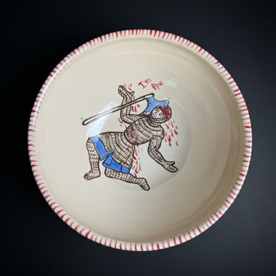 Hand-Painted Ceramic Bowl with a Carefree Medieval Warrior Motif – Medieval Folk Art Bowl