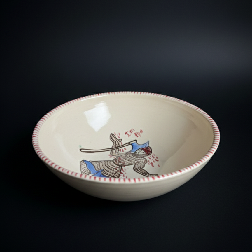 Hand-Painted Ceramic Bowl with a Carefree Medieval Warrior Motif – Medieval Folk Art Bowl