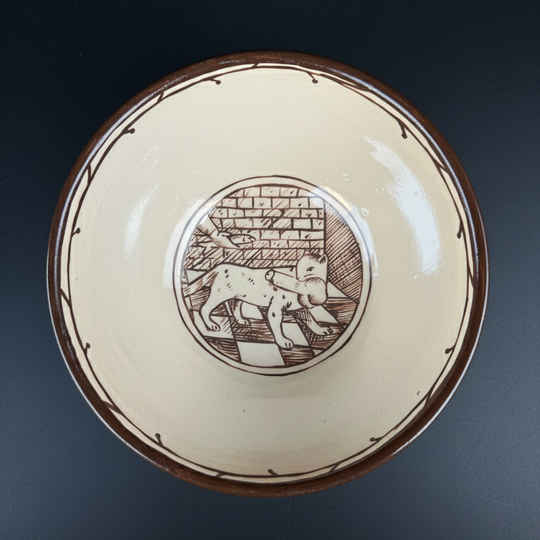 Hand-Painted Ceramic Bowl with a With the motif of a cat holding a penis in its mouth – Medieval Folk Art Bowl