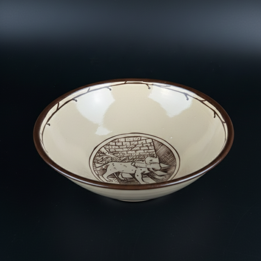 Hand-Painted Ceramic Bowl with a With the motif of a cat holding a penis in its mouth – Medieval Folk Art Bowl