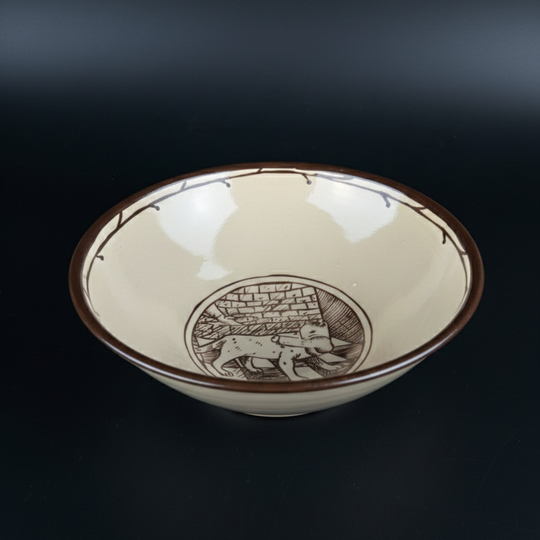 Hand-Painted Ceramic Bowl with a With the motif of a cat holding a penis in its mouth – Medieval Folk Art Bowl