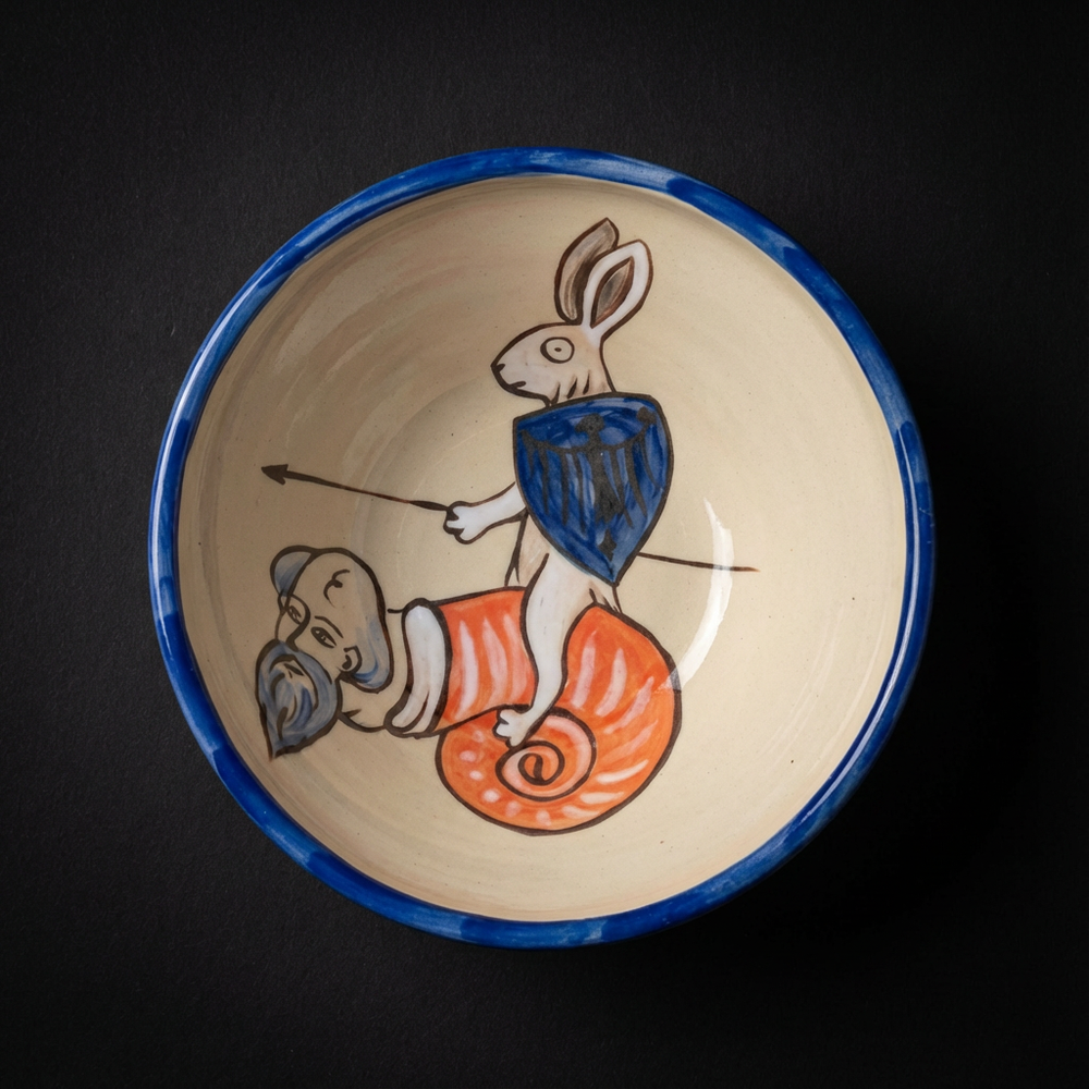 Hand-Painted Ceramic Bowl with a Medieval Rabbit Knight Motif – Folk Art Bowl