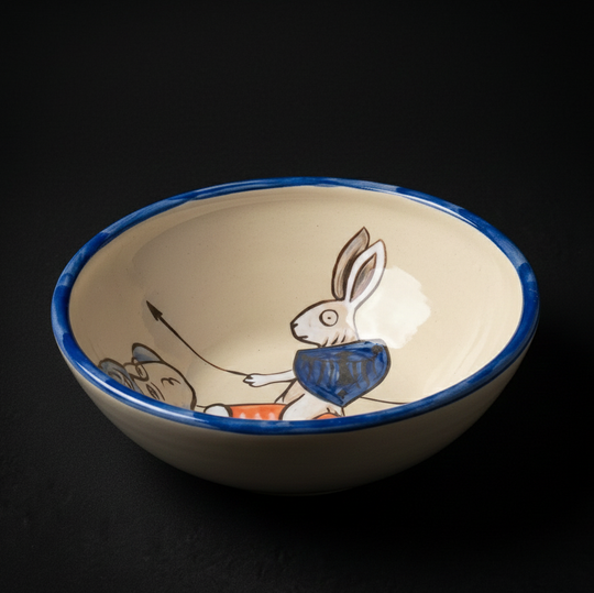 Hand-Painted Ceramic Bowl with a Medieval Rabbit Knight Motif – Folk Art Bowl